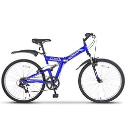 GTM 26″ Folding Mountain Bike 7 Speed Bicycle Shimano Hybrid Suspension MTB Blue