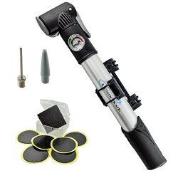 Lumintrail Mini Bike Pump with Gauge and Glueless Puncture Repair Kit w/ Presta & Schrader D ...