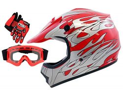 TMS Youth Kids Red Flame Dirt Bike ATV Motocross Helmet with Goggles and Gloves (Small)